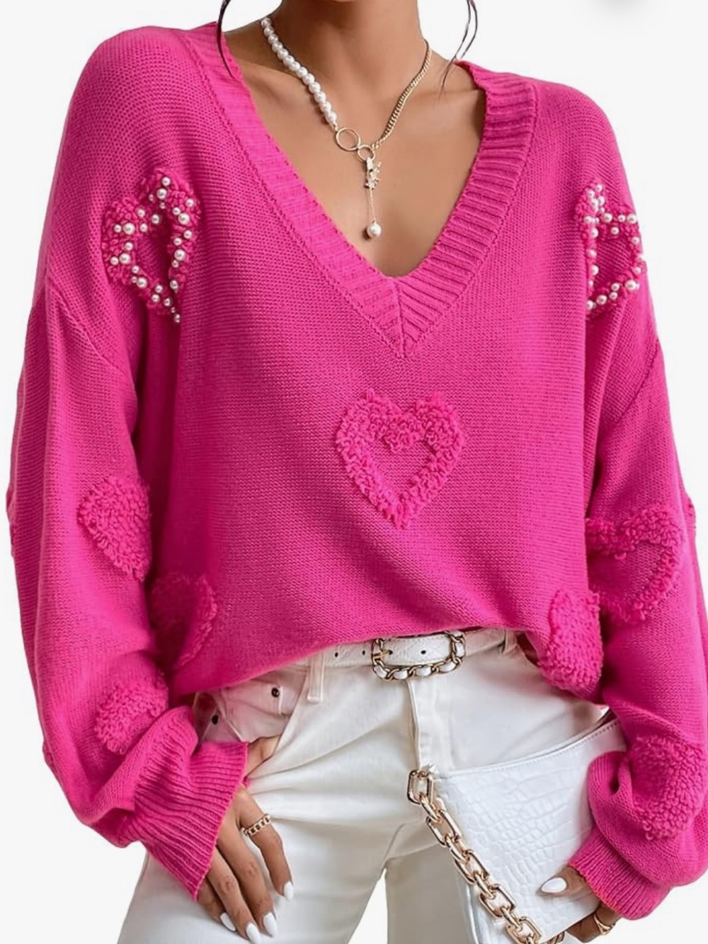 Hot Pink Heart Embellished V-Neck Drop Shoulder Sweater